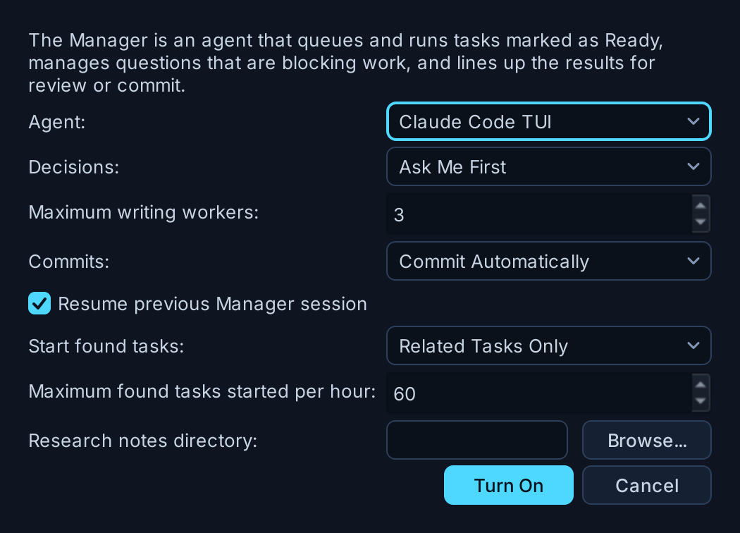 The Tasks Manager settings dialog