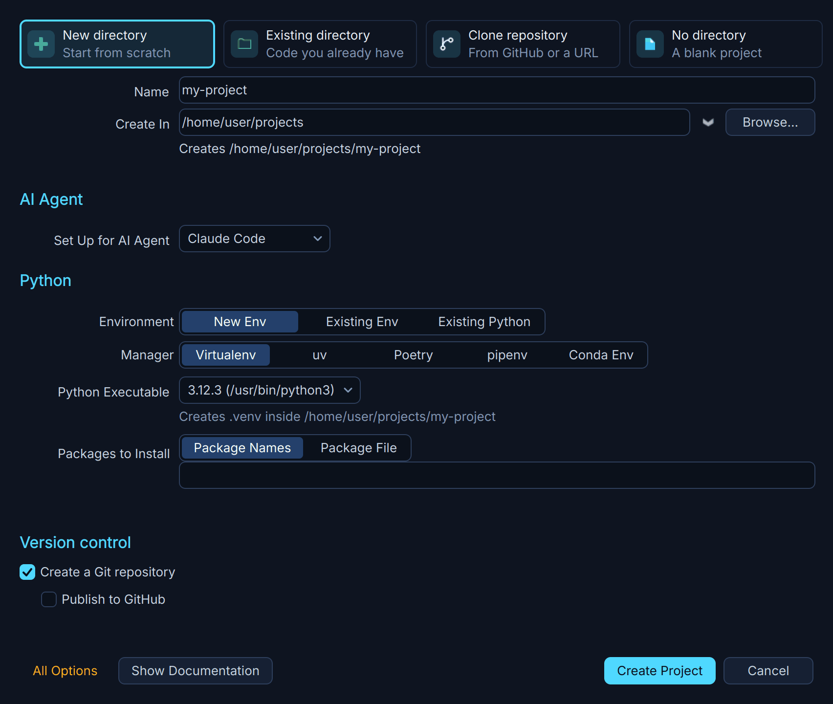Setting Up an AI Agent in the New Project Dialog