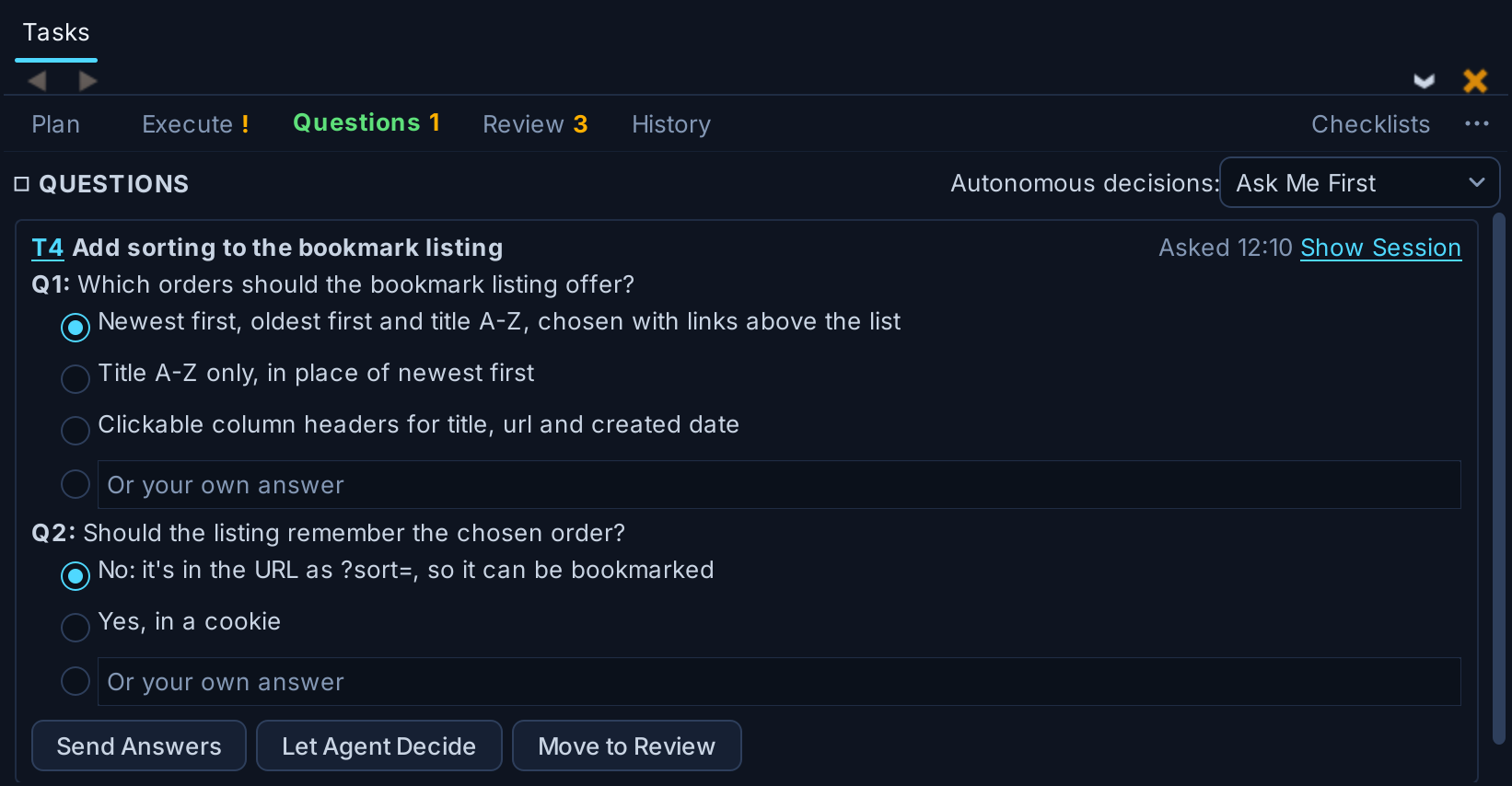 The Questions tab with an open question