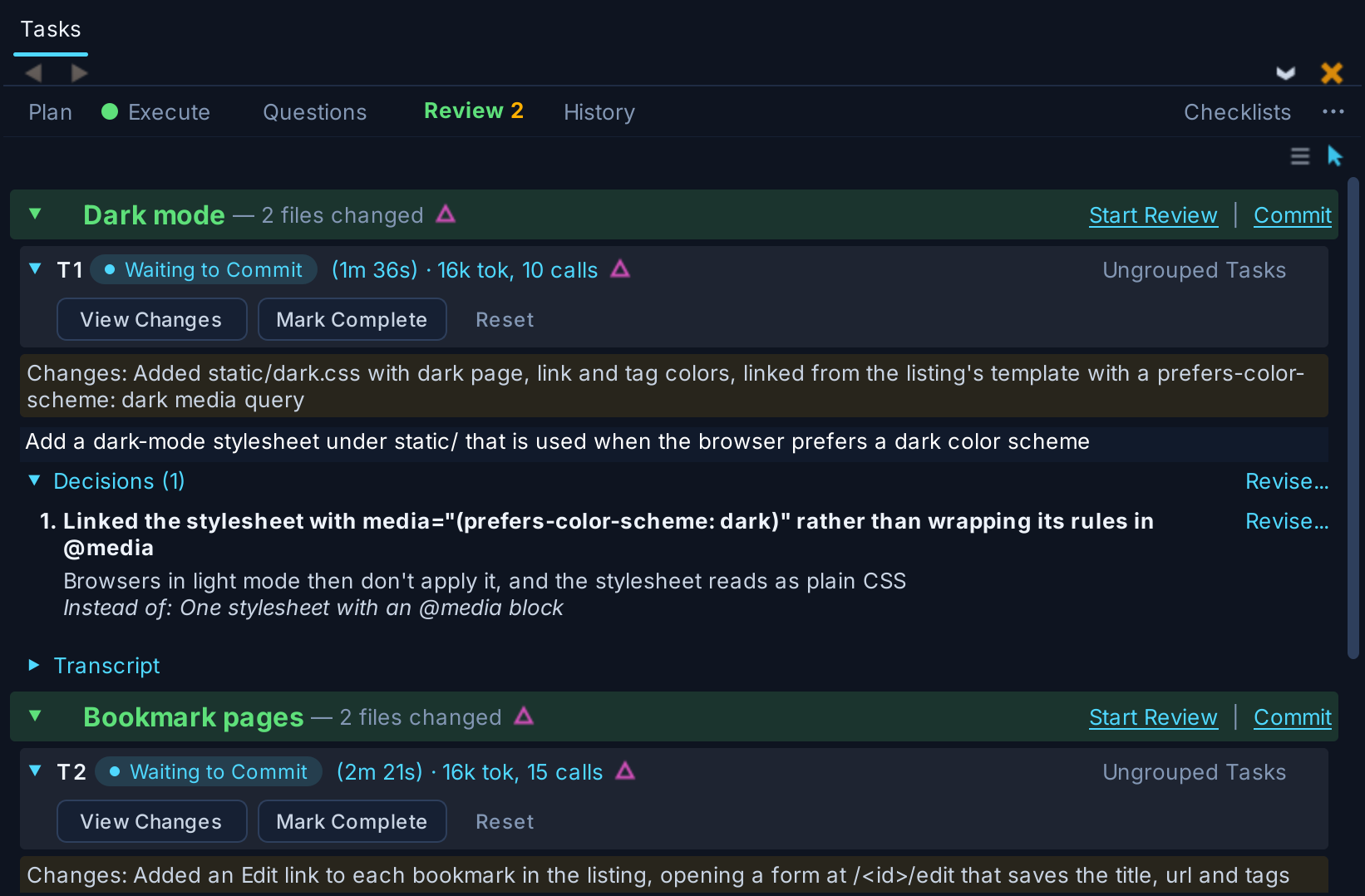 The Review tab with a task report and the Start Review and Commit links