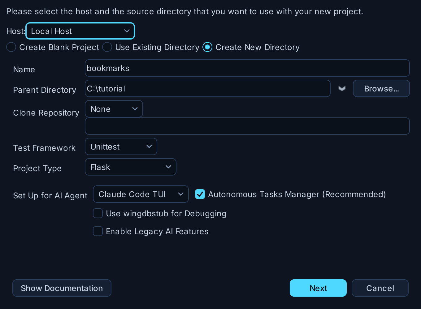 Setting Up an AI Agent in the New Project Dialog